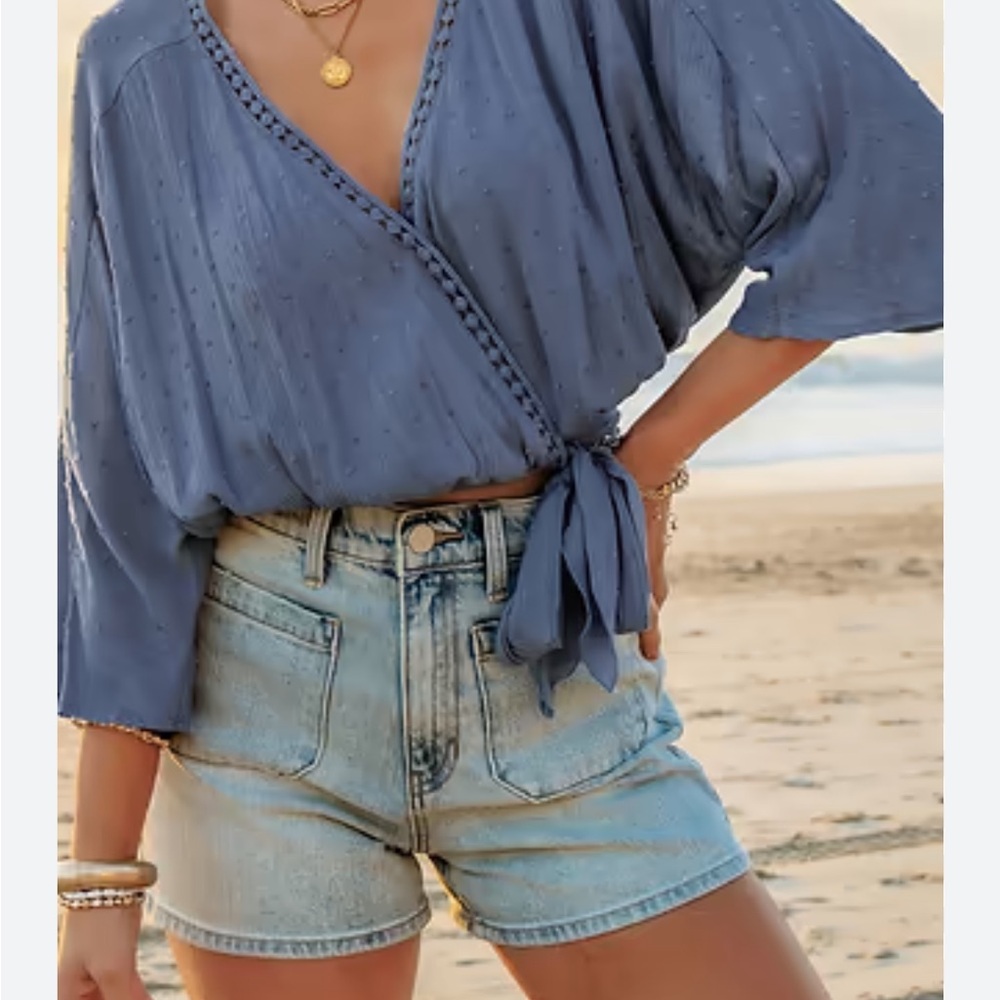 Cupshe Blue Wrap Blouse with 3/4 Sleeves and Tie Front